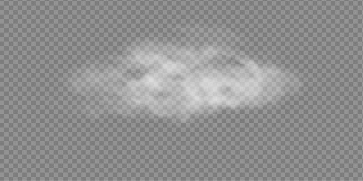Clouds of white smoke or steam with realistic texture on transparent background. Vector smoke to simulate fog, cold breath, magic effect or explosion.