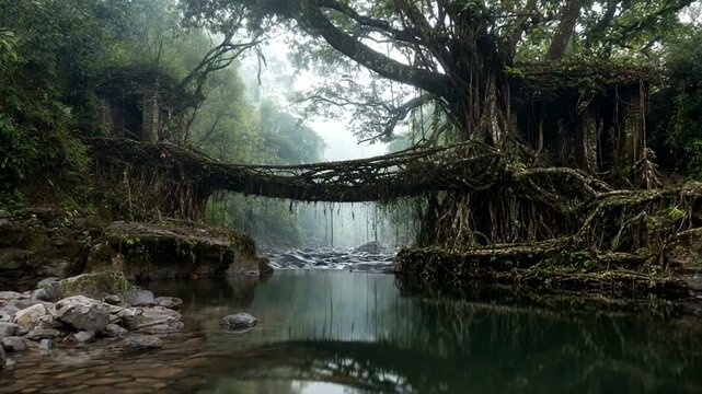 Ancient living root bridge over tranquil river scene