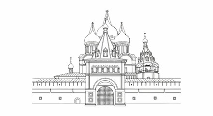 Fototapeta premium Elaborate black and white line art of a grand complex with domes and crenellated walls