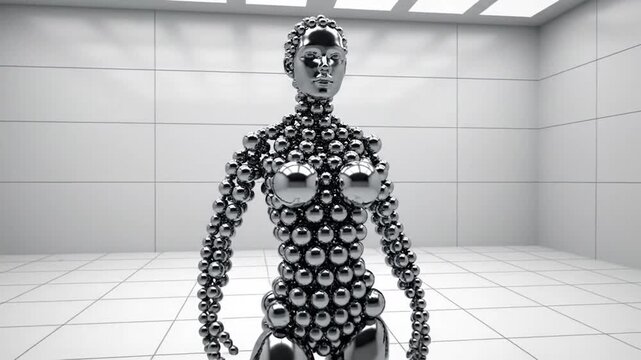 Abstract Sculpture of Metallic Spheres Forming a Humanoid Figure.