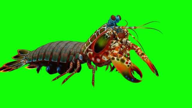 Realistic 3D Animated Mantis Shrimp Swimming Motion on Chroma Key Green Screen Background 4K Asset