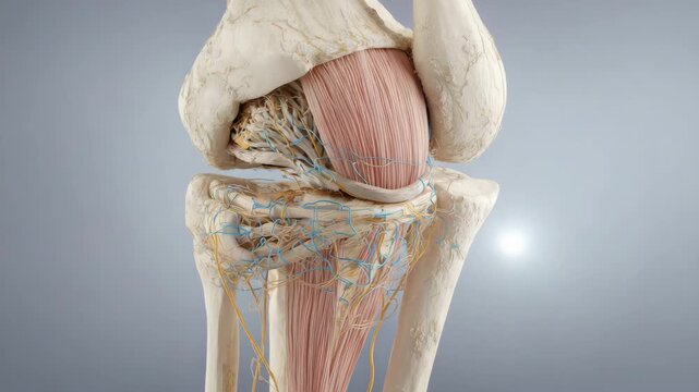 Detailed 3D anatomical model of the human knee joint showing bones, muscles, and vasculature
