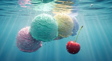 Colorful ice cream scoops underwater with cherry, sweet treat concept