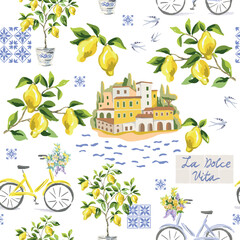 Naklejka premium Yellow lemon fruits, italian coastal town, sea, bicycles, lemon trees in the pots, blue ceramic tile, birds, text La Dolce Vita, white background. Vector illustration. Seamless pattern. Summer trendy 