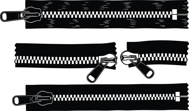 Technical sketch of various metal and plastic zipper tapes with sliders and pulls for garment construction cad drawing flat vector illustration