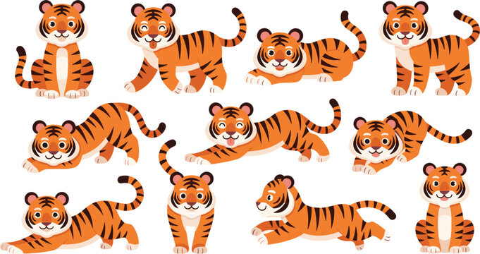 Cute Baby Tiger Cub Vector Collection with Adorable Cartoon Characters in Various Playful Poses for Nursery Art, Childrens Apparel, and Wildlife Themed Graphic Designs