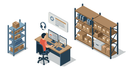isometric warehouse inventory management with person working at computer desk surrounded by storage shelves and boxes