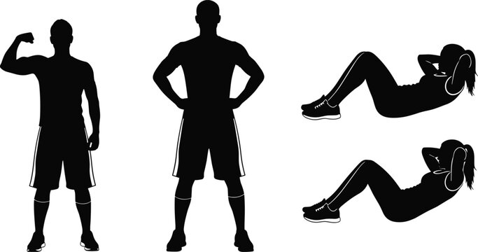 Black vector silhouettes of people exercising featuring a man flexing muscles and a woman doing sit ups for fitness designs.