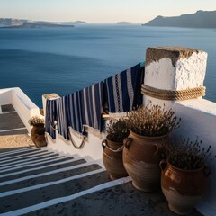 Serene Greek island staircase with potted plants and ocean view