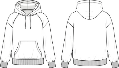 WebWhite oversized hooded sweatshirt cad drawing flat vector illustration, long sleeve raglan hoodie template with front pocket, technical apparel sketch, fashion mockup © Belal