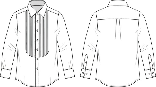 White formal dress shirt cad drawing flat vector illustration, long sleeve pleated front tuxedo shirt template, technical apparel fashion sketch