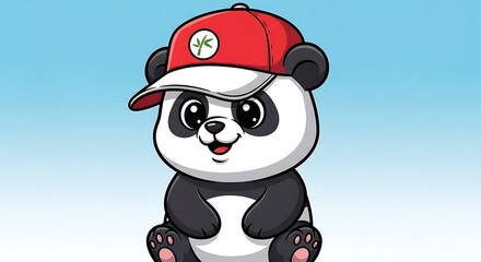 Cartoon panda bear wearing red cap.
