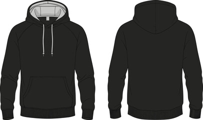 Black hooded sweatshirt cad drawing flat vector illustration, long sleeve raglan hoodie template with front pocket and drawstrings, technical apparel sketch © Belal