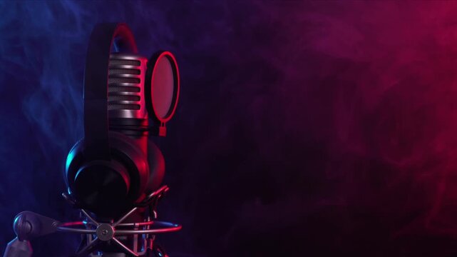 Studio Microphone and Headphones in Smoky Neon Light rotating and then it stops
