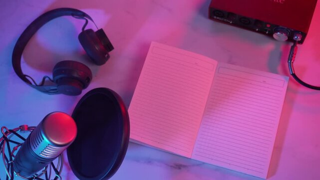 Top View of Recording Studio Equipment with Neon Lighting, with microphone a headset, audio gear and a notebook