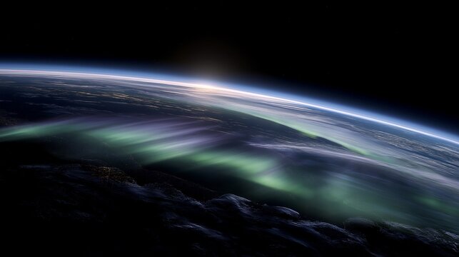 Aurora borealis viewed from orbit above Earth with green and purple light ribbons over polar region, perfect for space photography concept, orbital perspective, natural phenomenon, atmospheric