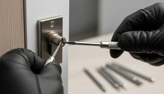 Close-up of gloved hands picking a door lock with professional equipment, no face visible, high detail. Locksmith tools and precise technique in action, neutral interior background, home security