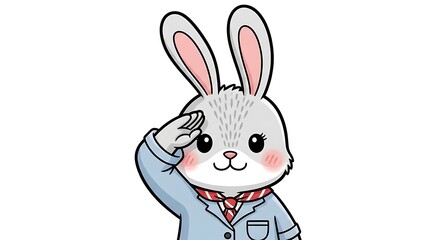 Obraz premium Cute cartoon bunny in uniform salute.