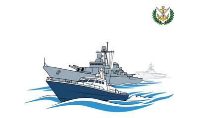 Fototapeta premium Naval Fleet Illustration with Patrol Boat, Frigate, and Emblem