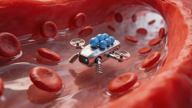 Microscopic robotic device navigating through blood vessels with red blood cells