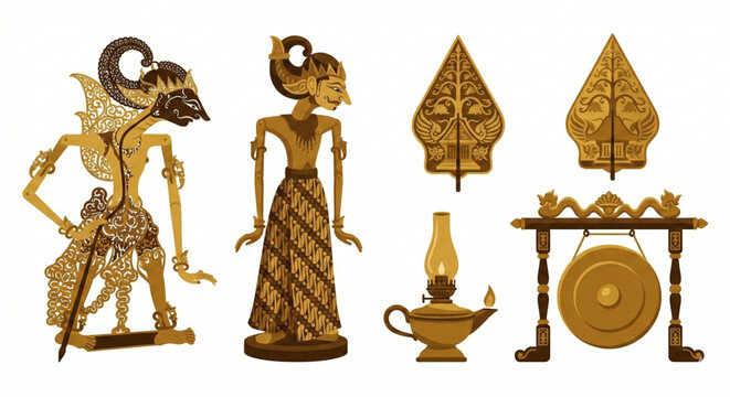 Traditional Indonesian Wayang Kulit puppets, gong, oil lamp, and shadow theatre elements