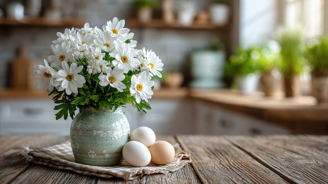 Blurred bokeh background of a white stylish kitchen decorated for Easter, spring bouquets, sunlight, home seasonal decor, stylish interior, cozy home, flowers