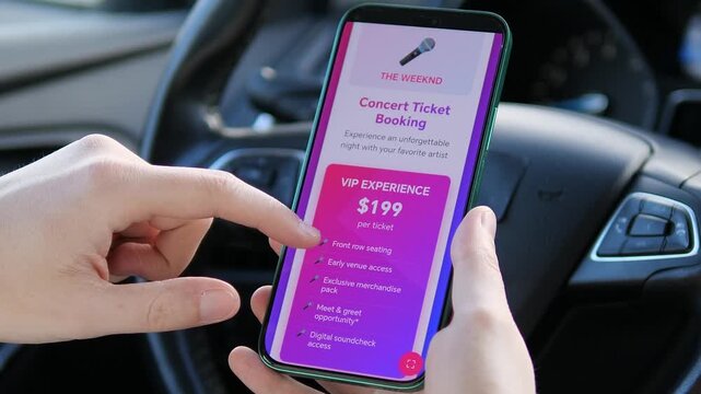 Close-up of user booking concert tickets on smartphone inside car. Modern event app, VIP access and digital payment concept. Perfect for entertainment, lifestyle, music industry and mobile commerce