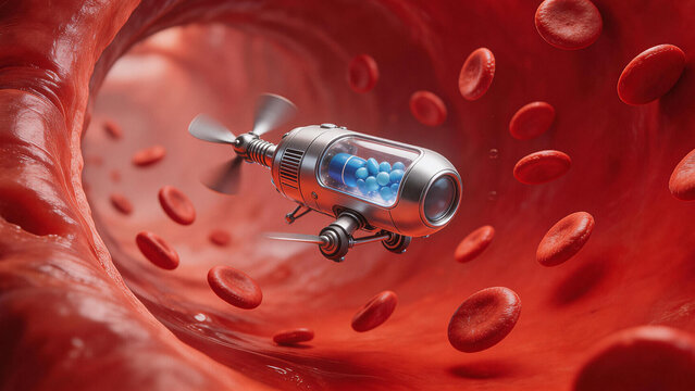 Microscopic robotic device traveling through a blood vessel with red blood cells