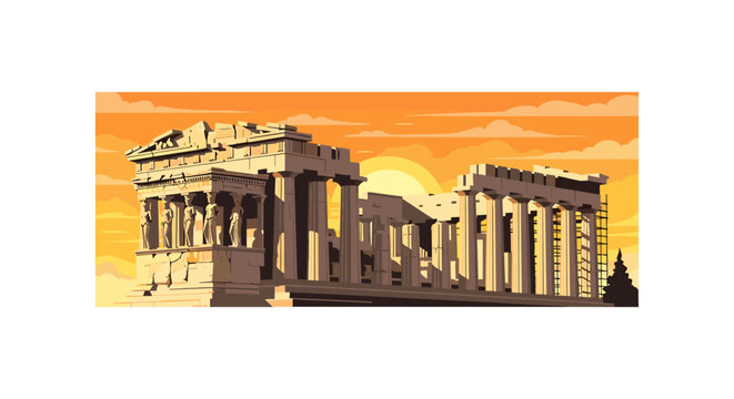 ancient greek erechtheion temple with caryatid columns at sunset digital illustration