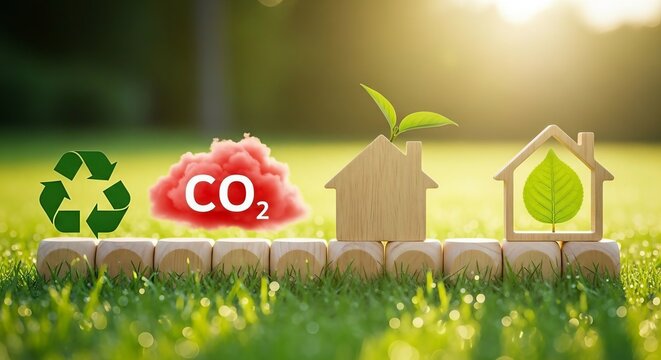 Conceptual Display of Sustainability Symbols Including a CO2 Cloud, Recycle Sign, and Wooden Green House Models on Grass Under Sunlight