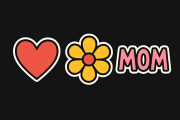 heart flower and mom text hand drawn colorful patch set for mothers day design