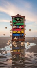 Colorful bookshelf with books falling into water at sunset