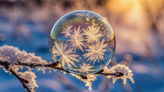 Delicate snowflakes trapped inside a crystal ball on a frosty branch.