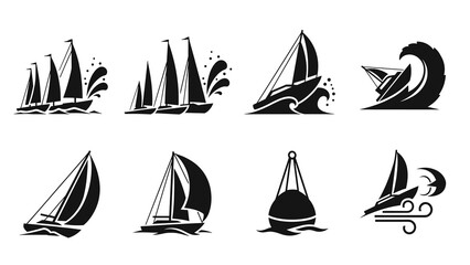 Fototapeta na wymiar set of hand drawn sailboat and buoy silhouette icons with wave and wind elements