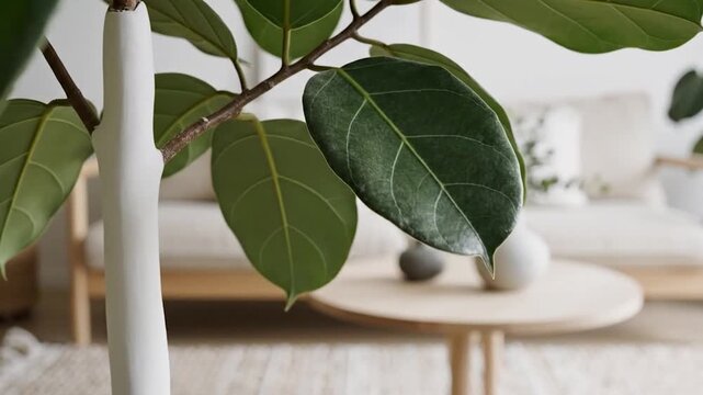 Cozy Living Room with Fiddle Leaf Fig Plant and Modern Furniture.