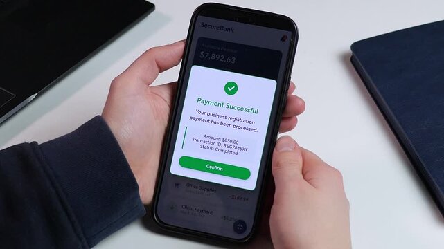 Fast and secure business formation via smartphone. User completes LLC registration payment with instant success notification. Versatile footage for banking, e-commerce, government digital services