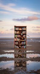 bookshelf standing alone on wet beach at sunset with reflection