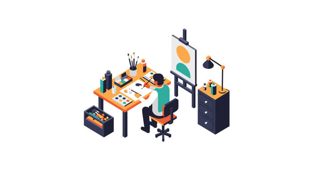 artist painting at desk workspace with art supplies and easel isometric illustration