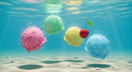 Colorful Ice Cream Scoops Underwater with Cherry, Refreshing Summer Dessert