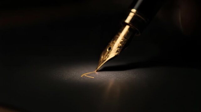 Close-up of a Golden Quill Pen Writing on a Dark Surface.