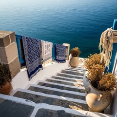 Greek Island Steps with Textiles Drying, Blue Aegean Sea View