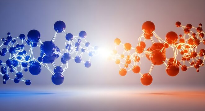 A 3d illustration of a dna strand with blue and orange molecules