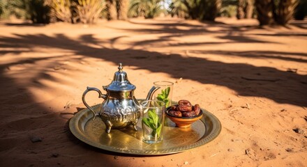 Moroccan tea setup with mint, dates on brass tray outdoors