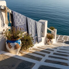 Mediterranean Steps With Blue Textile and Ocean View