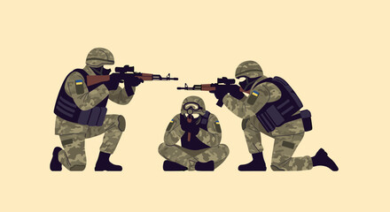 Obraz premium three ukrainian soldiers in camouflage uniforms aiming rifles in a flat military style illustration