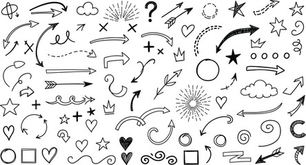 Obraz premium Hand Drawn Arrow and Doodle Elements Set with Stars, Hearts, Swirls, Symbols and Decorative Sketch Vector Collection