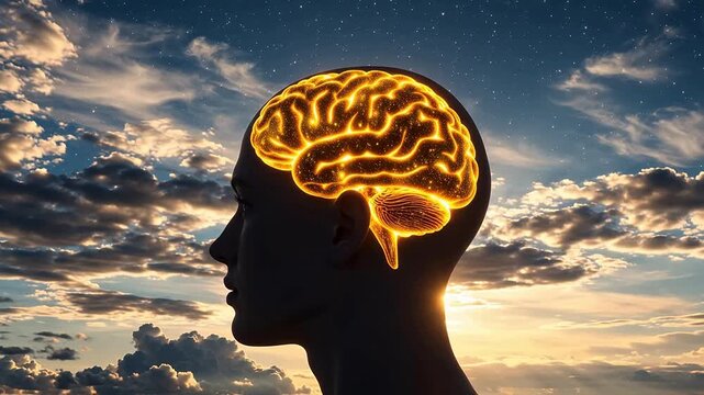 Human head with glowing brain against sky