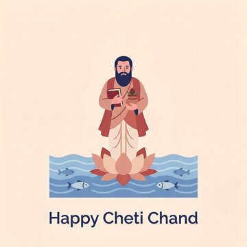 Illustration of a serene figure fishing on calm waters during cheti chand celebration