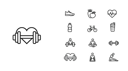Fototapeta premium Healthy Lifestyle Fitness Line Icon Set Sport Nutrition Editable Stroke Vector Illustration Collection