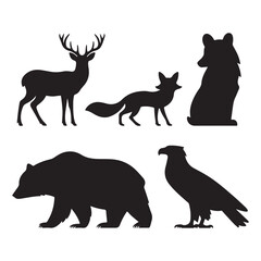 Fototapeta premium Mixed Forest Animals Silhouette Vector Collection, Bear Deer Fox Wild Mammals Set